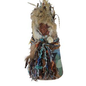 Handcrafted Nature Spirit Doll Witch Shaman Feathers Fur Shells Yarn Accents